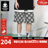 閃電潮牌（GENANX）直筒五分褲夏季卡通logo印花灰色棋盤(pán)格短褲牛仔褲 灰色 2XL