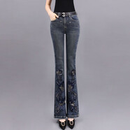 狐貍的誘惑復古高腰微喇牛仔褲女手工釘珠刺繡2025秋季新款燙鉆大碼喇叭褲子 藍色 （原版正品） 適合身高160CM以上 26 /S碼 適合90-98斤左右