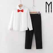 鐳鐳鴨學(xué)生校服春秋夏秋款兒童表演服套裝白色長袖襯衫幼兒園演出服禮服 白長袖+長褲+背帶+紅領(lǐng)結(jié) 120 cm