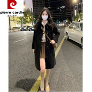 皮爾卡丹（pierre cardin）牛角扣雙面毛呢大衣女2024秋冬季新款感中長(zhǎng)款小個(gè)子毛呢外套 黑色加絨版 加厚 L 建:100-115斤左右