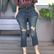 木清清百搭休閑洋氣破洞直筒牛仔褲女2024夏季新款時(shí)尚高腰顯瘦潮煙管褲 復(fù)古藍(lán) M 建議80-100斤