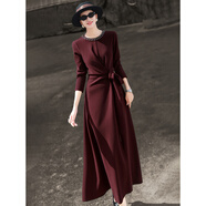 蘭瑟兒2026春季新款氣質(zhì)名媛高級感圓領(lǐng)釘鉆收腰綁帶開(kāi)叉連衣裙女 紫紅色 XL