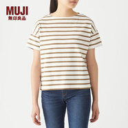 無(wú)印良品 MUJI 女式 粗棉線天竺編織 一字領(lǐng)寬版T恤 W9SB182 米色X圖案 M-L