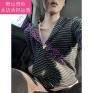 夢夢奇韓系早秋冬季灰色連帽條紋開衫毛衣外套女休閑軟糯針織衫上衣衛(wèi)衣 灰色條紋開衫版 S 建議40-50kg