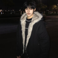 主意范cleanfit座山雕毛領(lǐng)連帽夾克棉服男冬季加厚保暖美式短款棉衣外套 黑色 L （適合）115-130斤