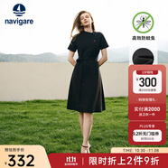 Navigare意大利小帆船短袖連衣裙女士夏季棉質(zhì)斜領(lǐng)裙子時尚顯瘦半袖a字裙 暗夜黑 S 碼