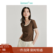 茵曼（INMAN）撞色羅紋棉女裝U領(lǐng)短袖T恤修身氣質(zhì)通勤2025夏季新款短款上衣 深咖啡 XL