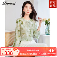 迪洛薇真絲襯衫女圓領(lǐng)印花寬松顯瘦春夏女裝真絲面料桑蠶絲襯衫女 綠色 XL