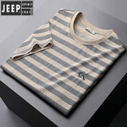 JEEP SPIRIT歐貨高端刺繡仿亞麻條紋t恤男短袖修身夏季冰絲薄款圓領(lǐng)半袖T恤 杏色【刺繡高端短 袖T恤】 3XL 建議155-165斤