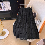 日系森女鏤空刺繡半身裙女夏季內襯雙層松緊腰中長(cháng)款a字傘裙半裙 黑色 M _建議95-115斤