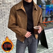 tromlfz秋冬季韓國男裝短款寬松翻領(lǐng)加絨拉鏈麂皮絨面飛行夾克港風(fēng)外套潮 棕色 加絨 M _100-120斤