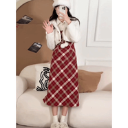 奈加圖（NAIJIATU）兩件套裝女冬季新年圣誕收腰顯瘦呢子短款外套假兩件背帶紅連衣裙 羊羔毛外套+長款連衣裙【兩件套】 S  建議【80-100斤】