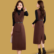 羅蒙（ROMON）毛呢背心兩件套連衣裙女冬季氣質(zhì)高級感洋氣顯瘦長(cháng)袖針織套裝裙子 安哥拉紅（背帶裙） L