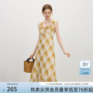 范思藍恩法式復古格紋荷葉邊連衣裙2025夏新款U型領(lǐng)顯瘦裙子2318 黃米格 L