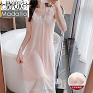 莫代爾2025新款女睡裙夏季吊帶性感薄款蕾絲裸感睡衣孕婦帶胸墊棉宮廷 【帶胸墊】吊帶裙 網(wǎng)紗蝶結-粉色 L 適合（100-125斤）