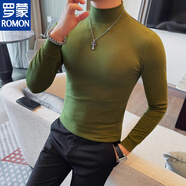 羅蒙（ROMON）半高領(lǐng)t恤男長(cháng)袖秋冬季加絨加厚保暖修身彈力中領(lǐng)打底衫緊身體恤 軍綠色(不加絨) M (95-110斤)
