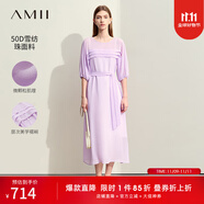 AMII女裝2025極簡純色薄款寬松連肩中袖配腰帶長款雪紡連衣裙 冷紫 M 160/84A
