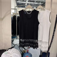 花花公子（PLAYBOY）夏季新款300斤中長(cháng)款拼接花邊蕾絲背心女大碼寬松遮肉V領(lǐng)上衣 黑色 M 建議120斤內