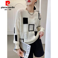 皮爾卡丹拼色格子針織衫上衣女春秋季新款薄款2025新款復(fù)古圓領(lǐng)馬海毛毛衣 白色 S