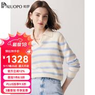 帕羅（PALUOPO）秋冬女士翻領(lǐng)加厚羊絨衫撞色條紋淑女提花100%山羊絨針織毛衣 米白 L 105