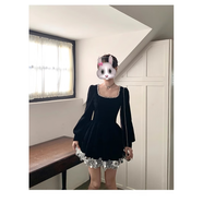 RATEWIN小黑連衣裙女秋冬亮片方口領(lǐng)赫本風(fēng)2025新款顯瘦收腰生日裙子 長(cháng)款 S