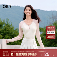 森馬（Semir）【云柔親膚】長袖t恤女短款V領(lǐng)修身上衣24年新款插肩袖休閑薄外套 粉色調(diào)01315 S
