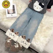 G.duck小黃鴨女童加絨褲子秋冬款新款兒童冬季一體絨牛仔褲寶寶直筒闊腿 豹紋貓咪加絨褲 140 cm