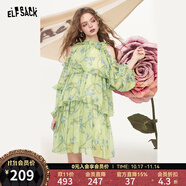 妖精的口袋掛脖露肩碎花雪紡連衣裙女2025夏新款氣質(zhì)度假蛋糕裙子 溫柔草綠色 L