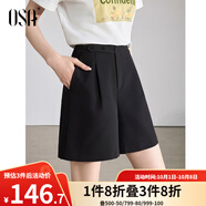歐莎（OSA）短褲女夏季25年新款高腰直筒闊腿褲休閑五分褲薄款休閑短褲 黑色A M