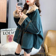 俞兆林（YUZHAOLIN）休閑工裝服女短款冬新款韓版寬松顯瘦加絨羊羔毛衣ins潮外套WH 綠色 M 100-115斤左右