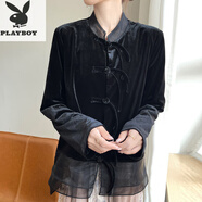 花花公子（PLAYBOY）新中式復古國風(fēng)金絲絨歐根紗拼接外搭長(cháng)袖氣質(zhì)百搭盤(pán)扣襯衣開(kāi)衫 黑色 M