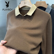 花花公子;PLAYBOY2025秋冬季假兩件襯衫領(lǐng)毛衣男純色百搭針織衫中年套頭內(nèi)搭 金駝色 M
