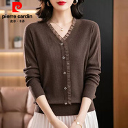 皮爾卡丹（pierre cardin）蕾絲女內搭毛衣v領(lǐng)寬松顯瘦長(cháng)袖秋冬媽M媽裝上衣洋氣針織打底衫 XG6056#咖啡 S 建議80-95斤
