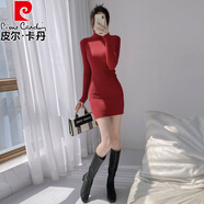 皮爾卡丹（pierre cardin）高領(lǐng)針織連衣裙女2025秋冬修身內搭短款配大衣包臀打底毛衣短裙子 棗紅色 高領(lǐng) S 80-100斤