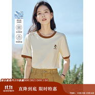 茵曼涼感撞色繡花女裝正肩短袖t恤2025夏季新品打底襯衫上衣 梨花杏 S