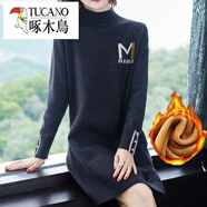 啄木鳥(niǎo)（TUCANO）秋冬羊毛衫女中長(cháng)款時(shí)尚厚款配大依毛衣裙大d碼半高領(lǐng)針織打底衫 黑色(加絨加厚) XL 專(zhuān)柜(建議120-130斤)