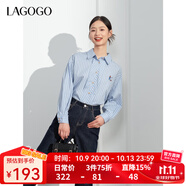 LAGOGO純棉藍白條紋刺繡長袖襯衫女拉谷谷春秋新款清新百搭上衣 藍白(NV) S
