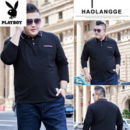 花花公子肥佬休閑加肥加大長(cháng)袖T恤男春秋季翻領(lǐng)Polo衫男純棉寬松胖子衣服 黑色 A款 2XL -160-190斤