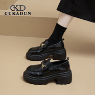 古卡頓（GUKADUN）女鞋秋冬新款樂(lè )福鞋子女新款英倫風(fēng)小皮鞋一腳蹬懶人單鞋增高鞋女 黑啞光 35