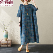 俞兆林民族風(fēng)復古印花袍子純·棉長(cháng)裙女夏大碼胖m顯瘦寬松休閑棉麻連衣 藍色 L 【100-140斤】