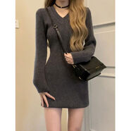 超好看黑色長袖氣質(zhì)修身顯瘦v領(lǐng)針織包臀連衣裙子女秋季2024新款 灰色連身裙子歐美裙子感超 S
