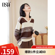 歐莎（OSA）【香草云衫】草甸綠條紋V領(lǐng)針織衫毛衣女長袖上衣2025秋季新款 咖色 L