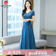 皮爾卡丹高端洋氣V領(lǐng)醋酸裙子女2025夏季新款母親中年精致高級感連衣裙 湖藍(lán)色《今年流行時尚網(wǎng)紅爆款/ XL (115-125斤)