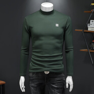 管先生半高領(lǐng)打底衫男冬季加絨加厚長(cháng)袖t恤純色簡(jiǎn)約刺繡中領(lǐng)內搭小衫潮 C6018墨綠色 M
