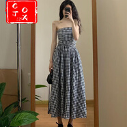 CTOX復古收腰顯瘦格子抹胸連衣裙女夏季慵懶度假風(fēng)文藝范長(cháng)裙 黑白格 XL 建議【120-130】