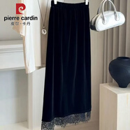 皮爾卡丹金絲絨拼接蕾絲半身裙女秋冬高腰顯瘦后開(kāi)叉a字半裙 黑色秋款不加絨 L 106-120斤