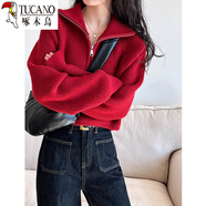 啄木鳥(niǎo)（TUCANO）美式復古毛衣女2025冬季新款外搭甜酷風(fēng)蝙蝠袖半拉鏈休閑套頭上衣 紅色 S 【80斤-90斤穿】
