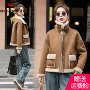 AEMAPE皮毛一體外套女短款2025秋冬季新款時(shí)尚設計感羊羔毛機車(chē)服夾克 卡其色 L 115-130斤