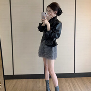 入秋韓系感穿搭黑色皮衣外套無(wú)袖立領(lǐng)背心短裙好看三件套裝 三件套 L (建議100-115斤)