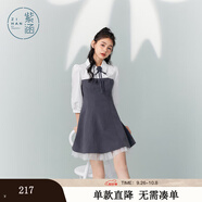 紫涵（ZIHAN）紫涵假兩件襯衫領(lǐng)連衣裙女秋季收腰顯瘦七分袖網(wǎng)紗短裙子 深灰 XL